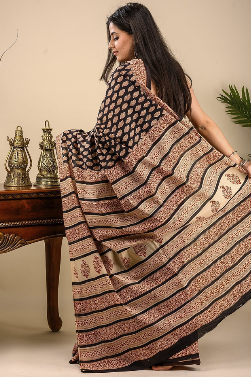 Light & Summery. Soft Bagru Block Printed Mulmul Cotton (With Blouse Piece) - Black & Red