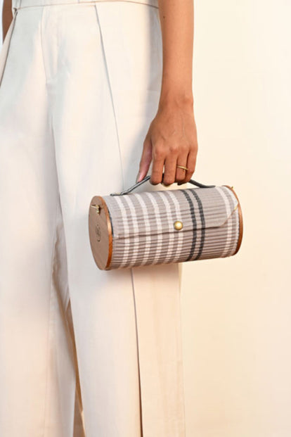 Lukka Chuppi Charcoal Plum Round Clutch - Grey Made From Upcycled Fabric. Sustainability: If We Used Virgin Fabric And Dyes