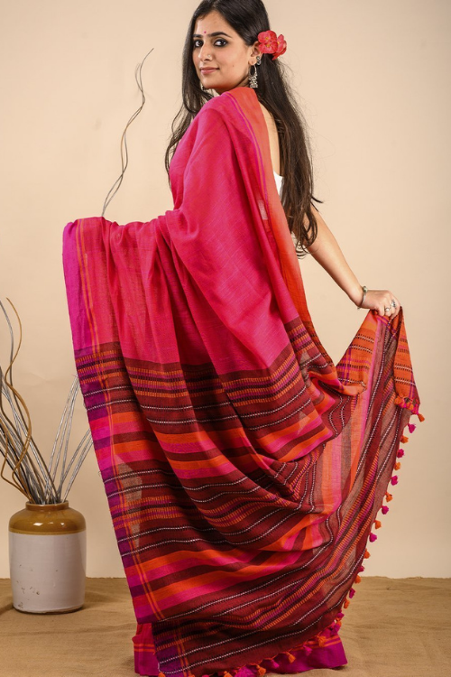 Soft & Graceful. Pure Handwoven Cotton Saree (With Blouse Piece) - Warm Pink