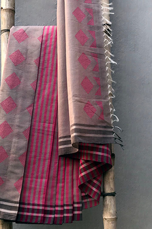  Damini Extra Weft Handwoven Grey Pink Cotton Saree Online