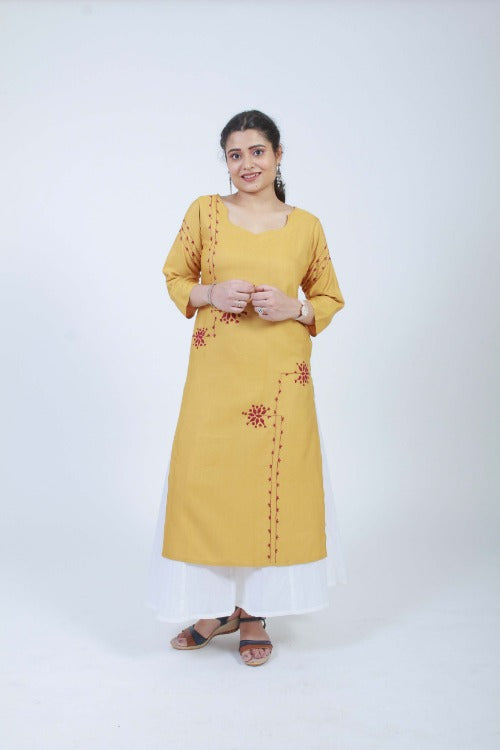 Urmul Barkat Yellow Hand Embroidered Ochre Cotton Silk Kurta Online