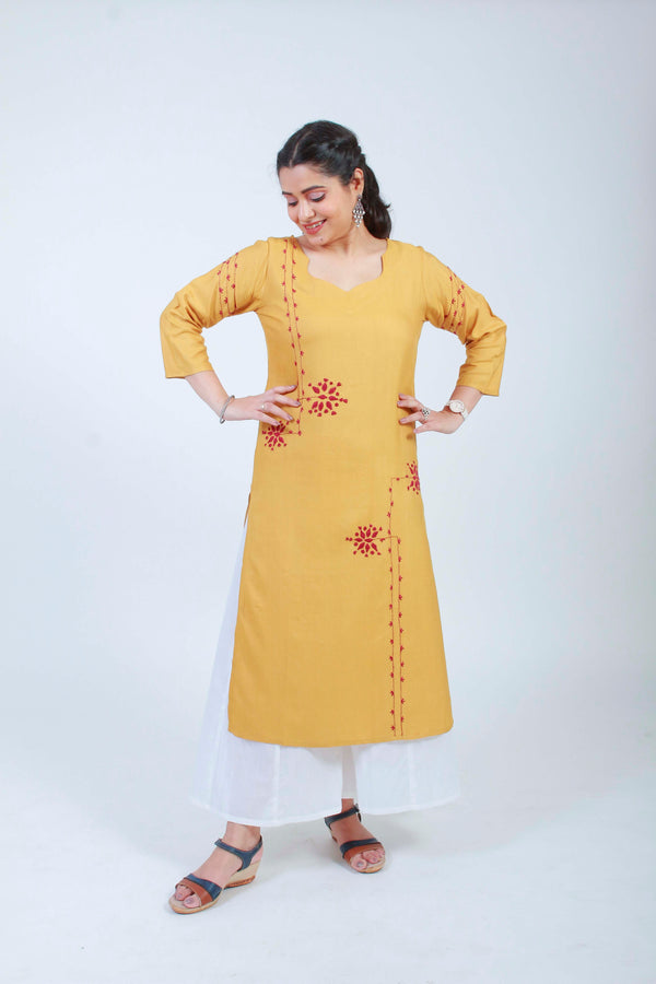 Urmul 'Barkat'  Ochre Hand Embroidered cotton Silk Kurta