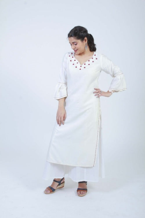 Urmul Bell Hand Embroidered White Cotton Silk Kurta Set Online