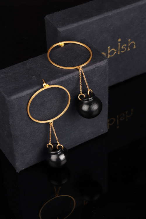 Kabbish'S Handi Hoop And Dangle Earrings, Black Pottery