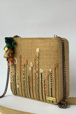 Dhaaga Handcrafts - Natural Beige embellished box clutch