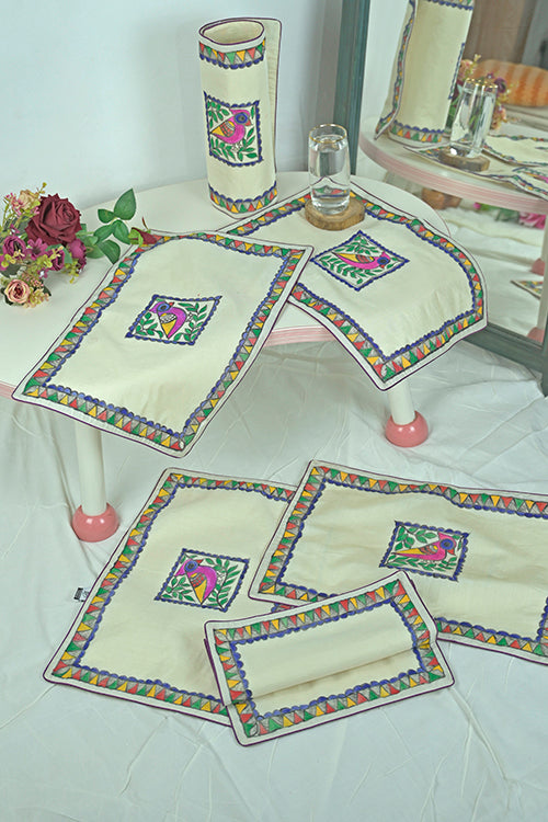Diorama Designs Chanderi Silk Handpainted Madhubani Table Runner & Mats