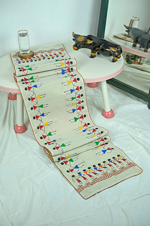 Diorama Designs Handpainted Chanderi Silk Warli Table Runner