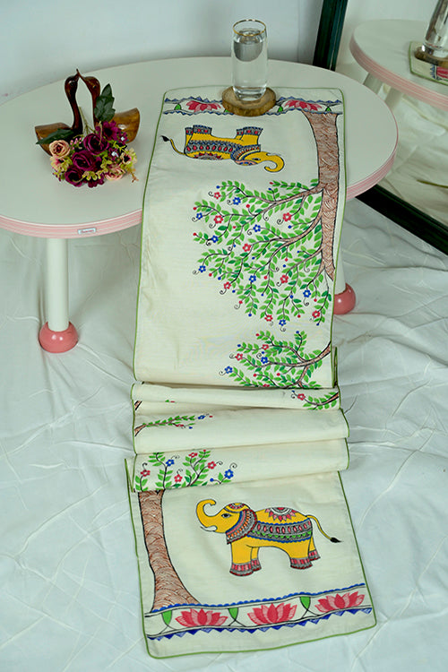 Diorama Designs Chanderi Silk Handpainted Elephant Table Runner