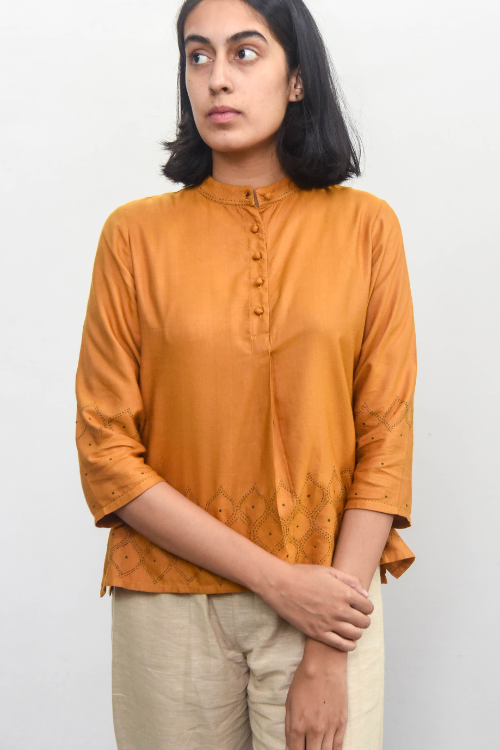 Sadhna 'Aavaili' Mustard Tanka Work Cotton Silk  Top.