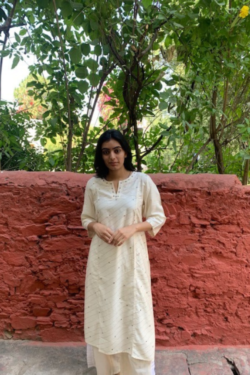 Sadhna 'Badali'  White Tanka Work Long Cotton Silk Kurta