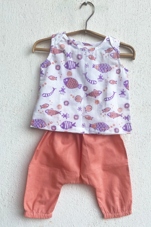 Whitewater Kids Unisex Organic Koi Peach Jhabla With Peach Pants