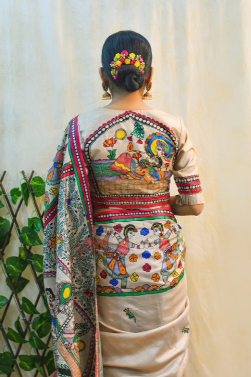 NANDGOPALA RADHA Handpainted Madhubani Tussar Silk Saree Madhubani Paints