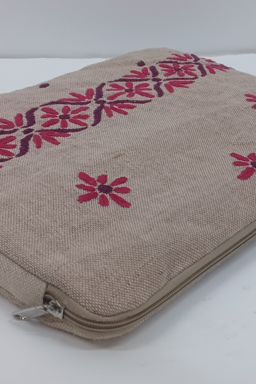 Samuday Craft Jute Chikankari Hand Embroidery Laptop Sleeve- Red And Maroon