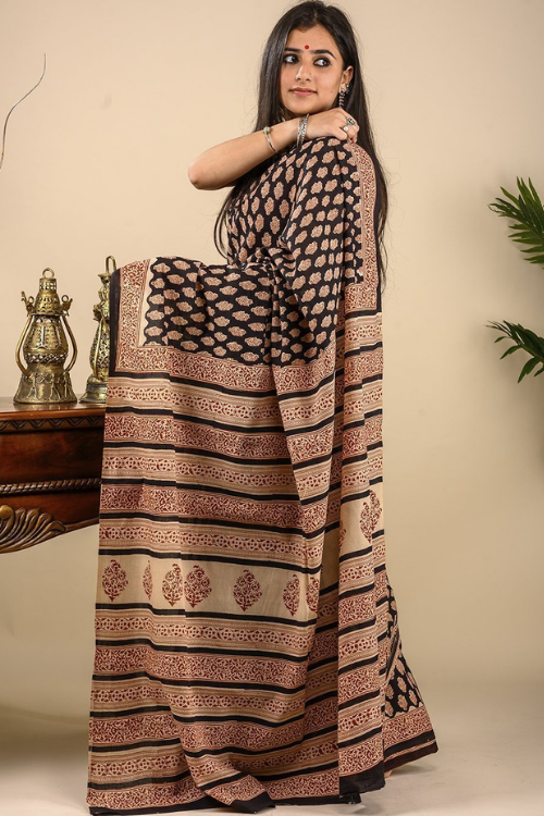 Light & Summery. Soft Bagru Block Printed Mulmul Cotton (With Blouse Piece) - Black & Red