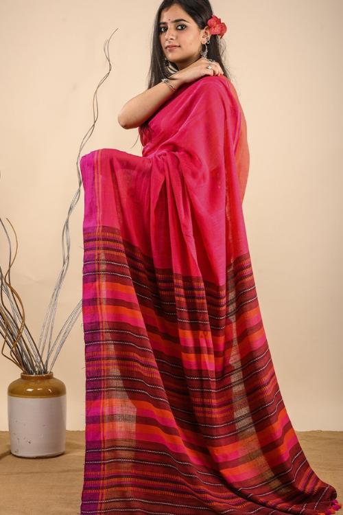 Warm Pink Handwoven Pure Cotton Saree Online