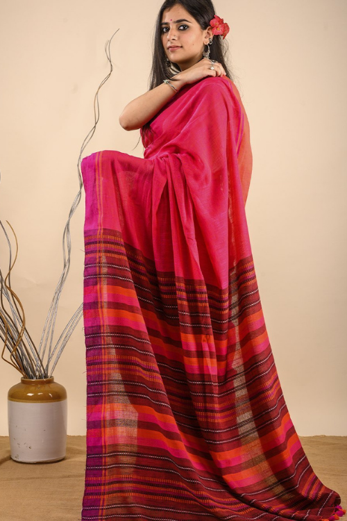 Soft & Graceful. Pure Handwoven Cotton Saree (With Blouse Piece) - Warm Pink