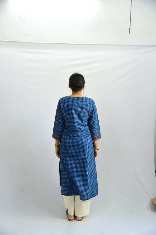 Sadhna ' Aabh' Blue - Tanka And Applique Work Long Cotton Kurta
