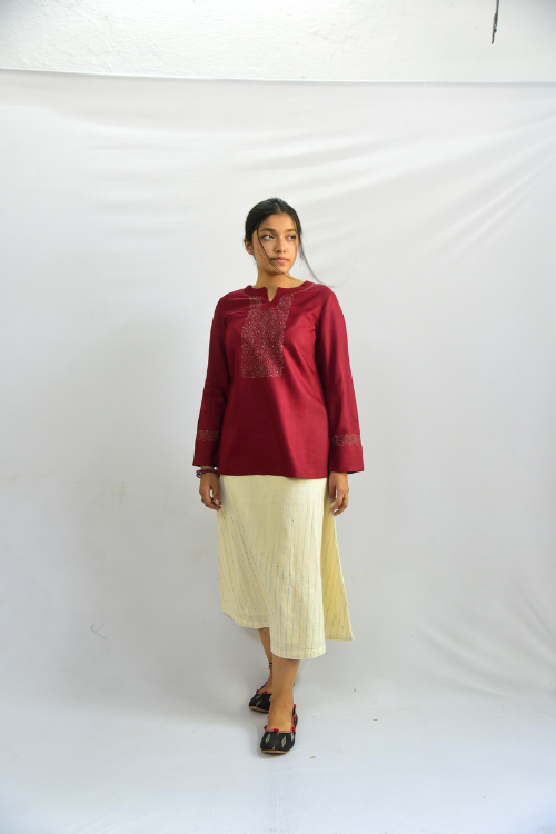 Sadhna'Choko' Maroon Tanka Work Cotton Silk Kurta.