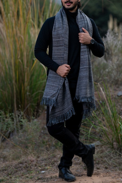 TICH Fine, Soft Himachal Wool Shawl With Woven Border - Grey