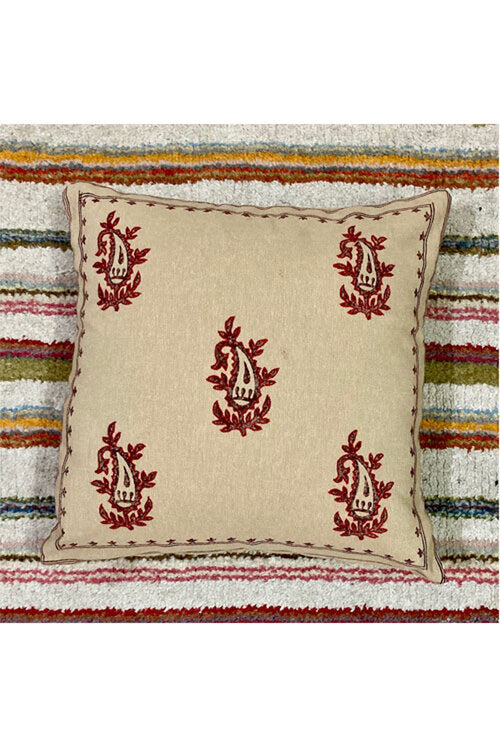 Samuday Craft Beige--Handblock-Printing-With-Hand-Embroidery-Cushion-Cover