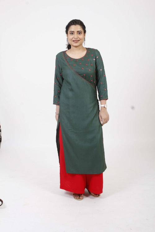 Urmul 'Saavan' Hand Embroidered  Bottle Green Cotton silk Angrakha