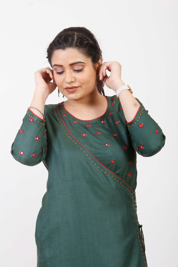 Urmul 'Saavan' Hand Embroidered  Bottle Green Cotton silk Angrakha