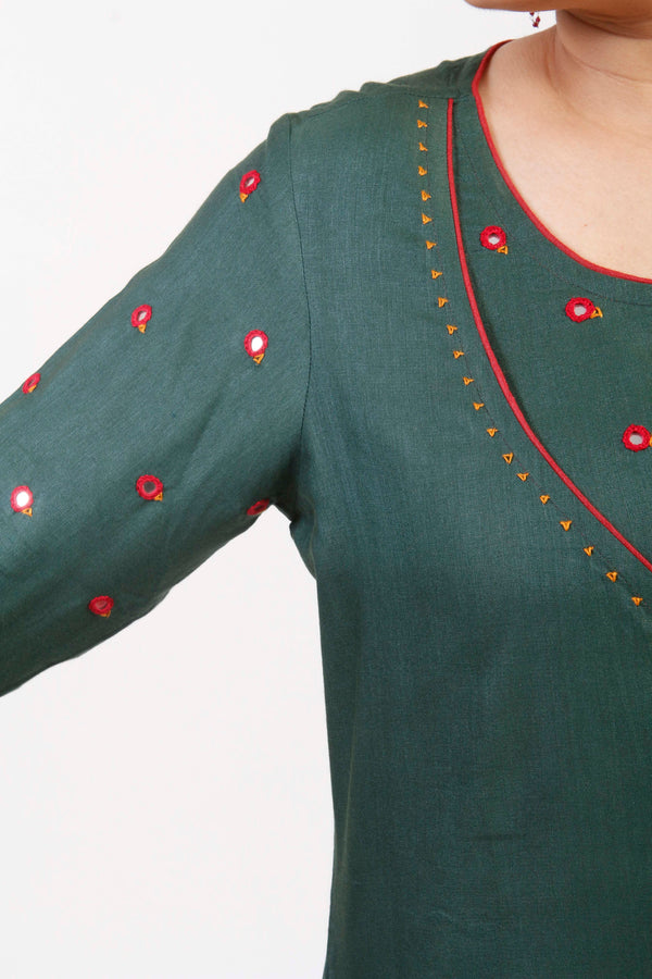 Urmul 'Saavan' Hand Embroidered  Bottle Green Cotton silk Angrakha