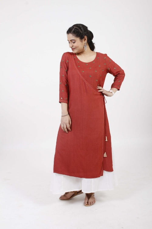 Urmul Devi Hand Embroidered Red Cotton Silk Angrakha Kurta Online