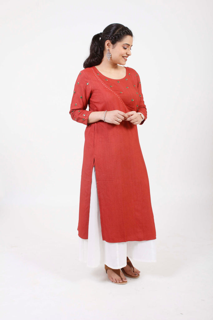 Urmul Devi Hand Embroidered Red Cotton Silk Angrakha Kurta Online