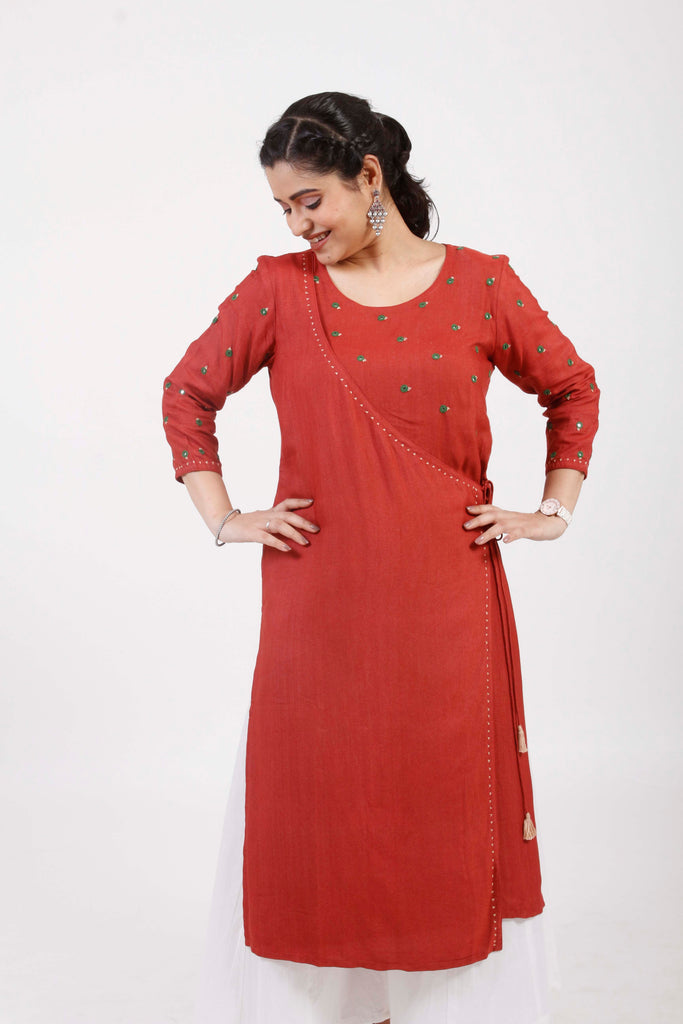 Urmul 'devi' Hand Embroidered  Red Cotton silk Angrakha