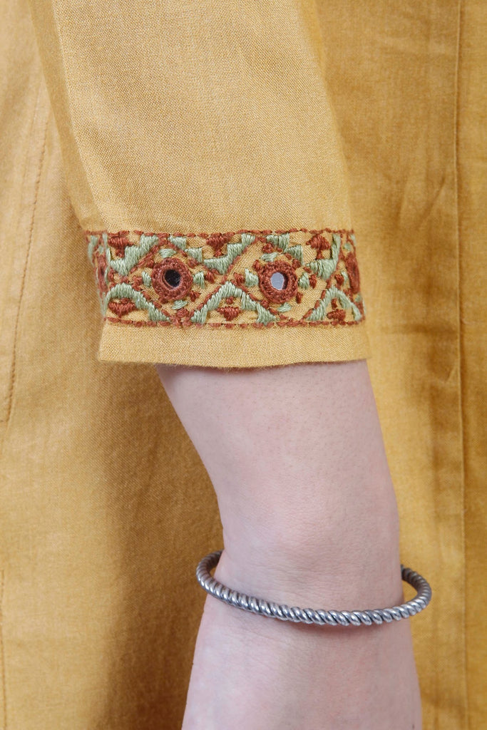 Urmul 'Jaalbari ' Hand Embroidered Mustard Cotton Silk Kurta