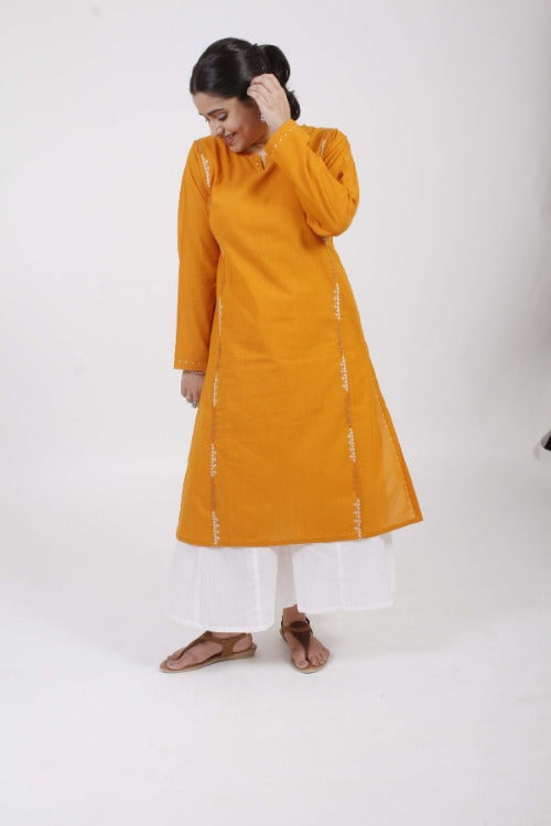 Urmul Sindhi Yellow Hand Embroidered Cotton Kurta Online