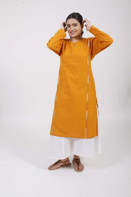 Urmul Sindhi Yellow Hand Embroidered Cotton Kurta Online