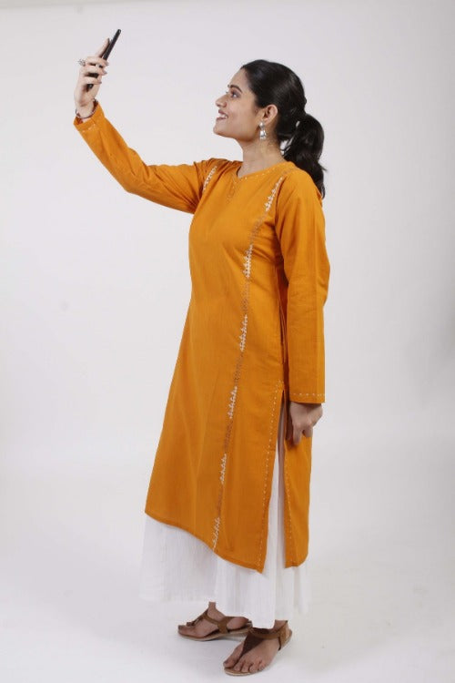 Urmul 'Sindhi'  Bright Yellow  Hand Embroidered cotton Kurta