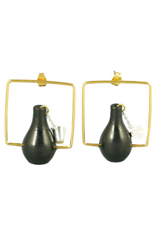 Kabbish'S  Black Pottery Pyau Glass Hanged Square Frame Earrings