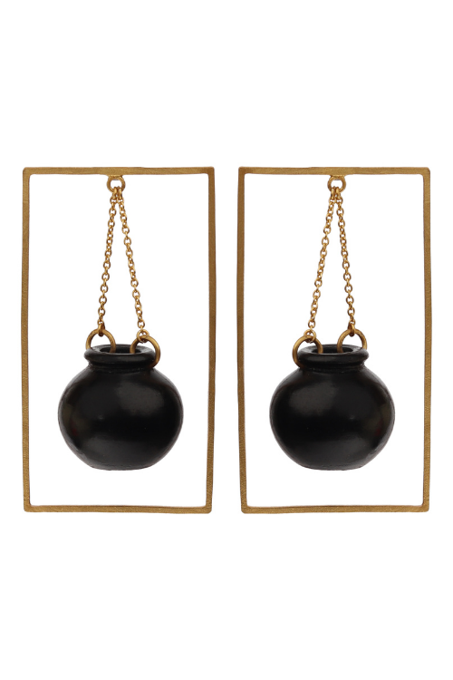 Kabbish'S Handi Square Hoop And Dangle Earrings, Black Pottery