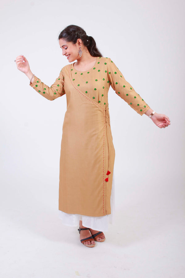 Urmul 'Saavi' Hand Embroidered  Ochre Cotton silk Angrakha