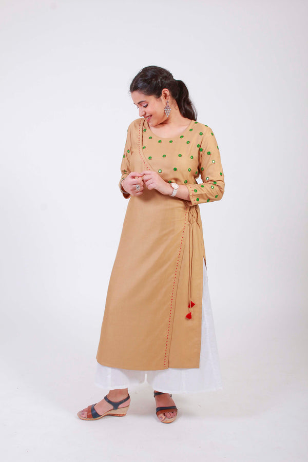 Urmul 'Saavi' Hand Embroidered  Ochre Cotton silk Angrakha