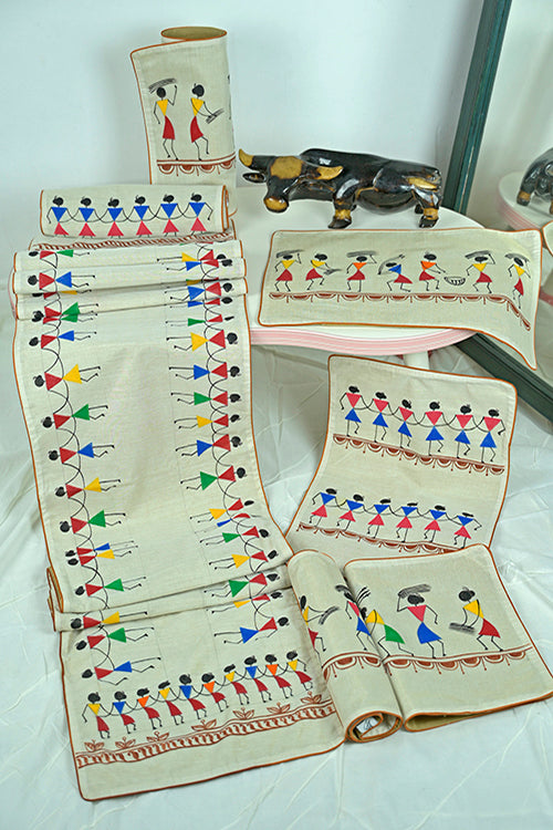 Diorama Designs Handpainted Chanderi Silk Warli Table Runner