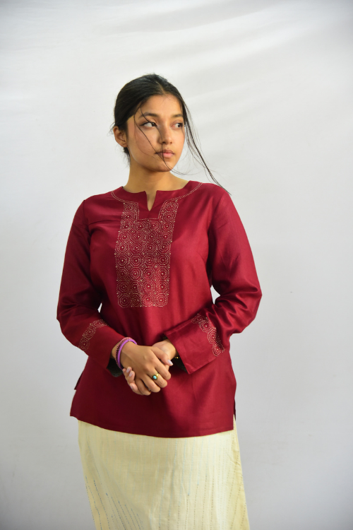 Sadhna'Choko' Maroon Tanka Work Cotton Silk Kurta.