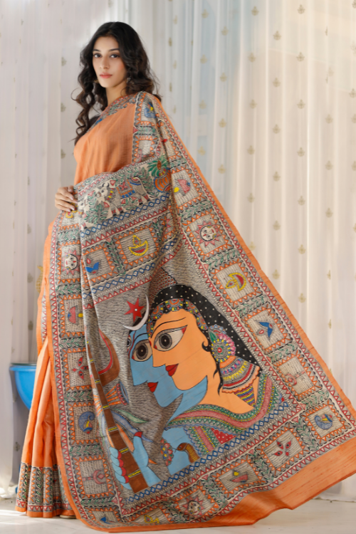 Madhubani Hand-painted Shiv Parvati Silk Saree