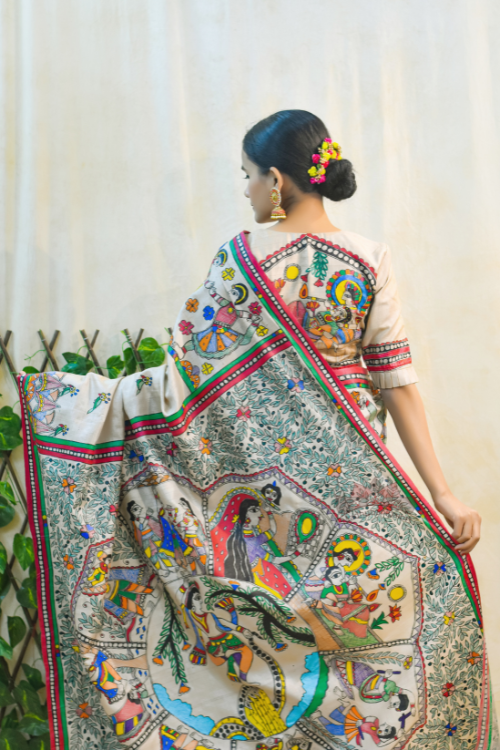 NANDGOPALA RADHA Handpainted Madhubani Tussar Silk Saree Madhubani Paints