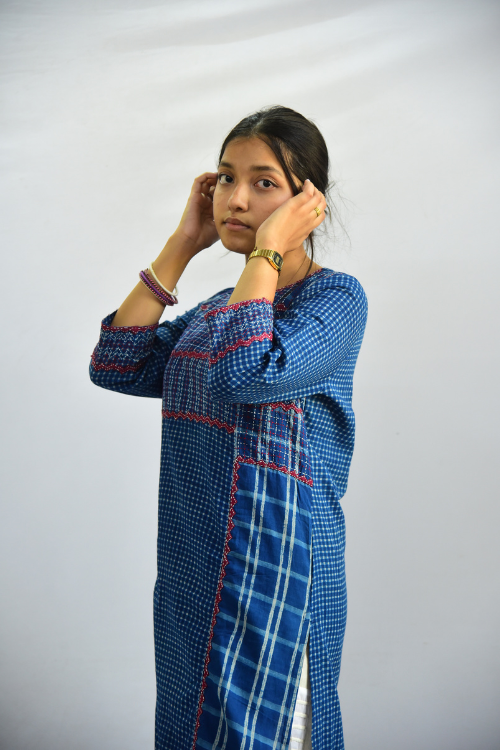  Sadhna Aabh Blue Applique Work Long Cotton Kurta For Women Online