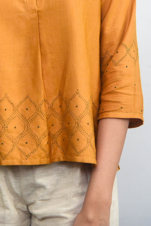 Sadhna 'Aavaili' Mustard Tanka Work Cotton Silk  Top.