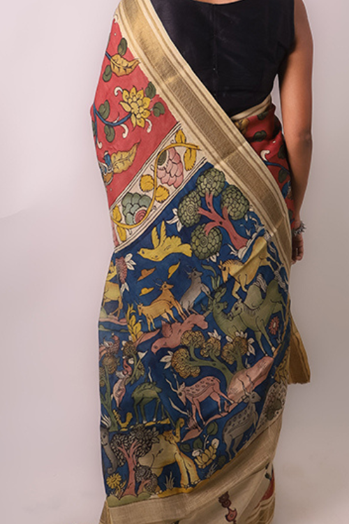 Silk cotton saree blue and with kalamkari applique work and small zari  woven piping border and Kalamkari blouse at 529000 by Prashanti – Prashanti  Sarees