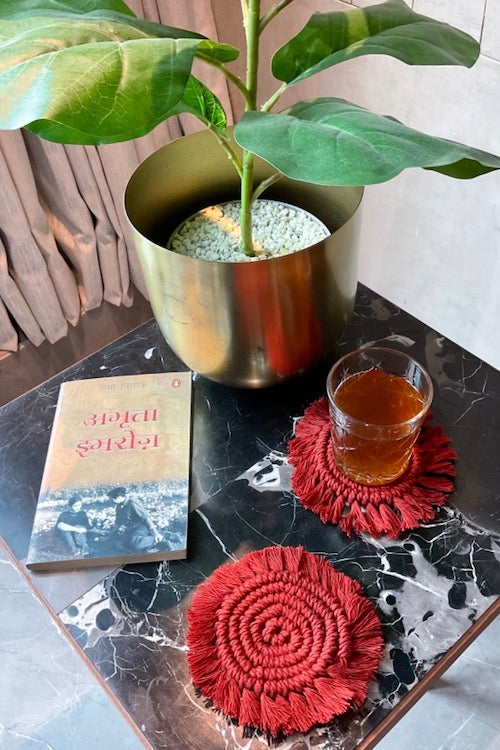 House Of Macrame Round Fringe Coasters - Red