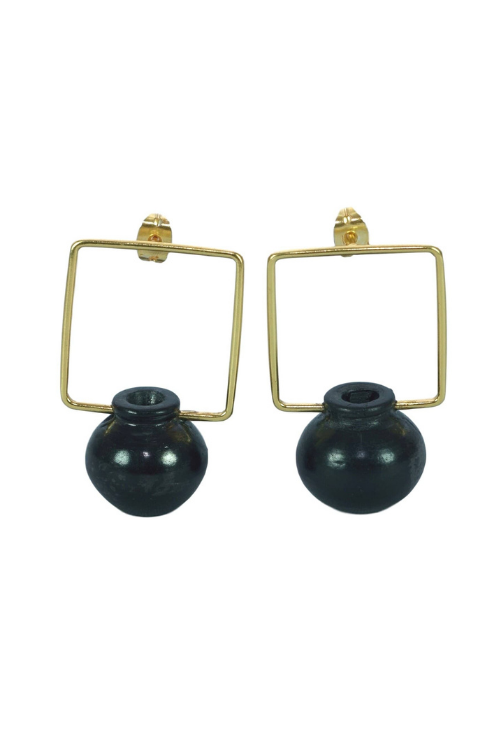 Kabbish'S  Black Pottery Kalash Hanged Square Hoop Earrings
