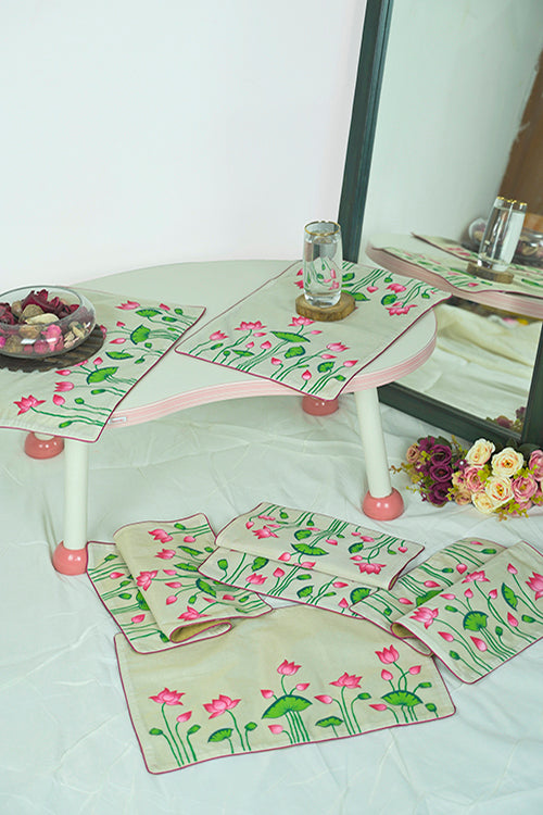 Diorama Designs Handpainted Pichwai Chanderi Silk  Table Runner & Mats