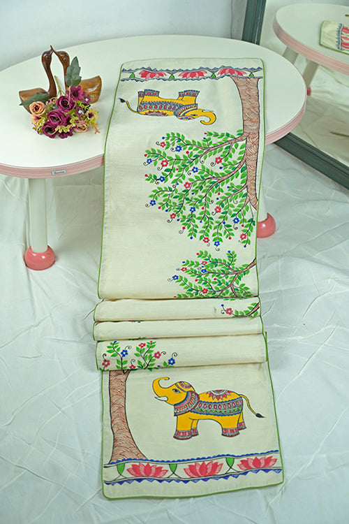 Diorama Designs Chanderi Silk Handpainted Elephant Table Runner