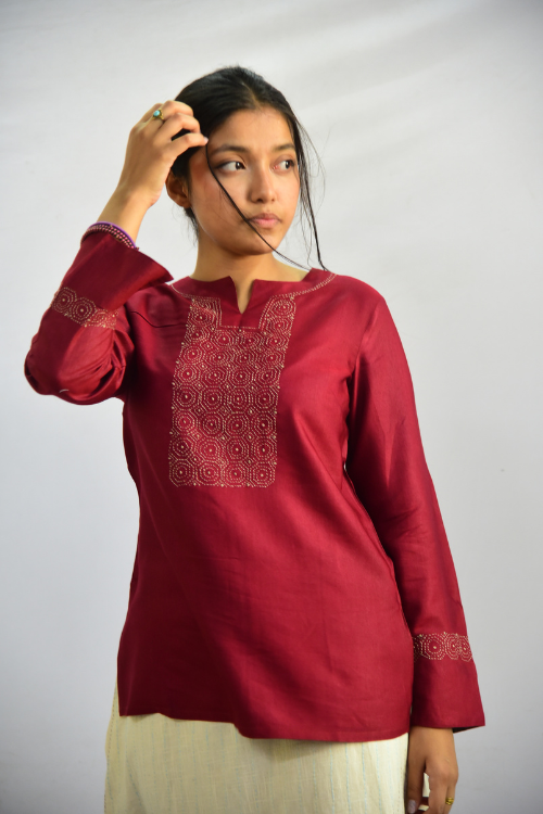 Sadhna'Choko' Maroon Tanka Work Cotton Silk Kurta.